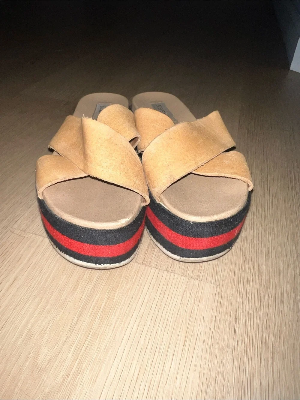 Steve Madden Tan Suede Crisscross Slide Platforms